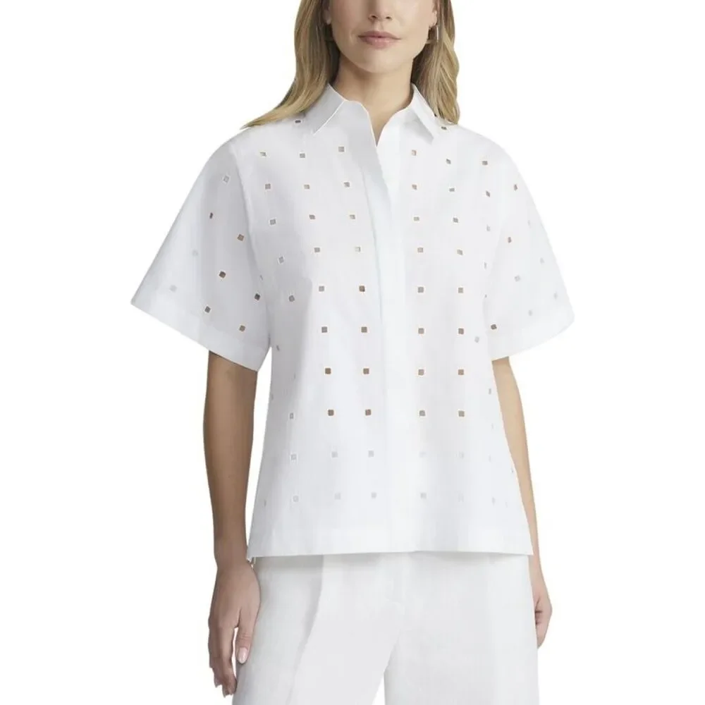 Lafayette 148 New York Womens  Eyelet Box Sleeve Blouse, White